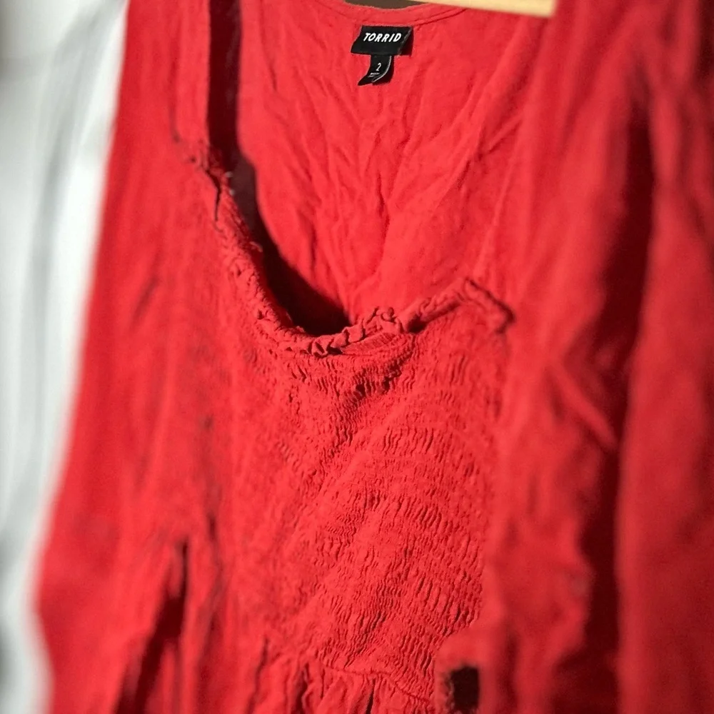 Torrid Orange Babydoll Slub with Lace Inset Smocked Tiered Top, Women’s Plus 2 - Picture 3 of 7